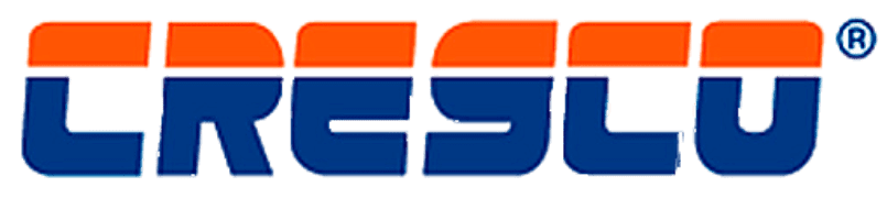 Logotipo de Cresco con texto estilizado en naranja y azul con un símbolo de marca registrada.